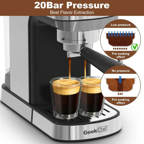 Miniatura 4 de Geek Chef Máquina de café expreso, cafetera de café espresso y capuchino de 20 barras con espumador de molino, cafetera de capuchino y café
