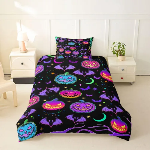 Miniatura 27 de Juego de ropa de cama de Halloween, funda de edredón gótica de murciélagos negros con telarañas, funda de edredón individual, diseño de arañas