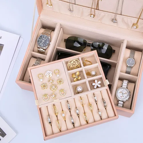 Miniatura 3 de LANDICI Joyero organizador para mujeres y niñas, caja grande de 2 capas para reloj con bandeja extraíble, soporte de almacenamiento de joyas de piel