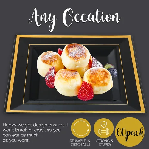 Miniatura 6 de JOLLY CHEF Paquete de 60 platos de plástico para cumpleaños de Halloween, plástico cuadrado dorado con elegante borde dorado de 9.5 pulgadas, platos