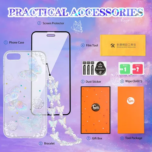 Miniatura 6 de Funda 3 en 1 para iPhone SE/7/8: diseño de mariposa 3D, purpurina, brillante, cristal, estilo lindo femenino, cadena y protector de pantalla