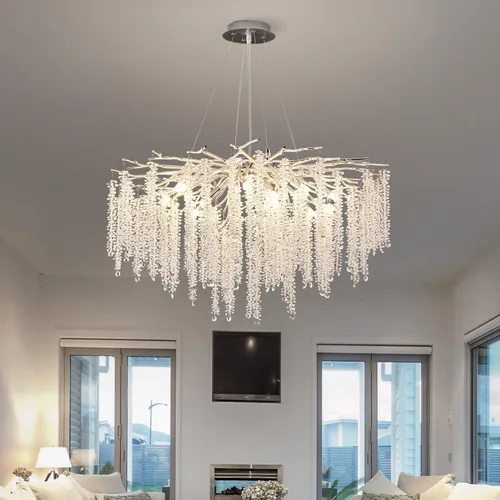 Miniatura 14 de Candelabro de Cristal Rama de Árbol Dorado Gota de Lluvia Redonda Lámpara Colgante con Borla Luminaria de Techo Colgante para Dormitorio Sala