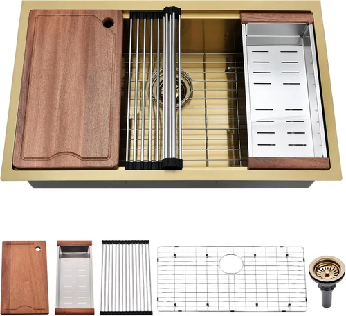 Fregadero de cocina dorado de 32 x 19 pulgadas, acero inoxidable de calibre 16, fregadero de cocina dorado de 10 pulgadas de profundidad, incluye
