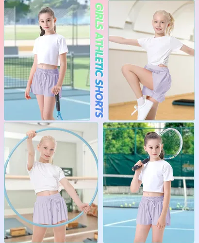 Miniatura 5 de QooNoo Girls Butterfly Shorts with Pocket Flowy Athletic Shorts High Waist Preppy Running Shorts for Kids Teen