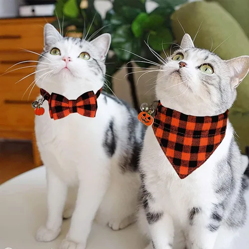 Miniatura 5 de STMK Paquete de 3 collares navideños para gatos con campana, para Halloween, día de Acción de Gracias, gato, gatito, con corbatín, bandana, camisa