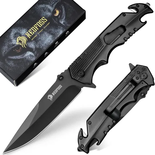 NedFoss FA48 - Cuchillo de bolsillo para hombres, cuchillo plegable multiherramienta 5 en 1 con bloqueo de marco, abrebotellas, rompevidrios,