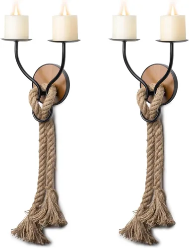 Miniatura 2 de Portavelas de Pared Soporte de Velas de Montaje en Pared de Metal y Madera Portavelas Colgantes de Hierro para Pared Soporte de Velas y Decoración