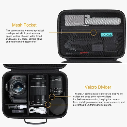 Miniatura 5 de RAIALL Funda para cámara Canon EOS Rebel T7/R50/R50V/R100/R6 Mark II/R5/R8/R10/RP/R7/Sony/Nikon D7500 DSLR, lente, trípode, bolsa de viaje