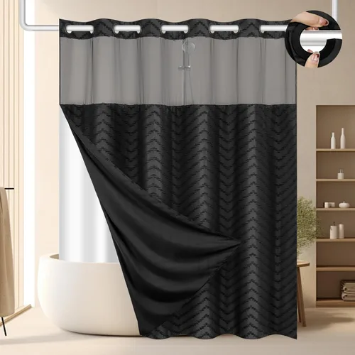 FADOTY Juego de cortina de ducha y forro sin gancho, cortina de ducha negra con broches a presión sin anillos, tela chevron acolchada, impermeable y