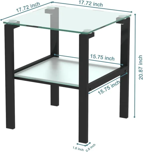 Miniatura 2 de Mesa auxiliar cuadrada de vidrio moderno de 17.72 pulgadas, mesa auxiliar de vidrio templado de 2 capas con 4 patas de tubo de hierro, mesa auxiliar