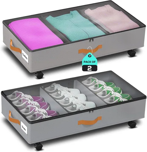 Almacenamiento debajo de la cama con ruedas, paquete de 2 (36L cada uno), organizador de almacenamiento de perfil bajo con ventana transparente, Gris