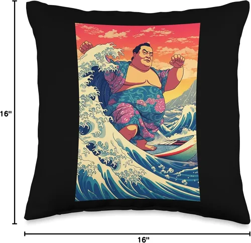 Miniatura 4 de Funny Wave Sumo Surfer Japanese Designs Funny Sumo Wrestler Surfing on Kanagawa Wave - Almohada de 16 x 16 pulgadas, multicolor
