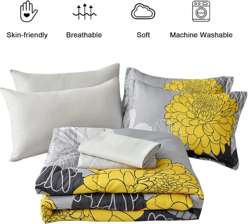 Miniatura 6 de Yiran - Juego de edredón de 7 piezas en una bolsa, edredón floral amarillo con flores, ropa de cama de microfibra suave, tamaño King