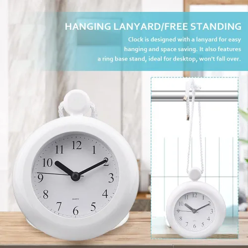 Miniatura 5 de Reloj analógico de baño, reloj de cuarzo compacto de 4.72 pulgadas con movimiento silencioso, colgar o poner, plástico ABS, requiere 1 batería AA