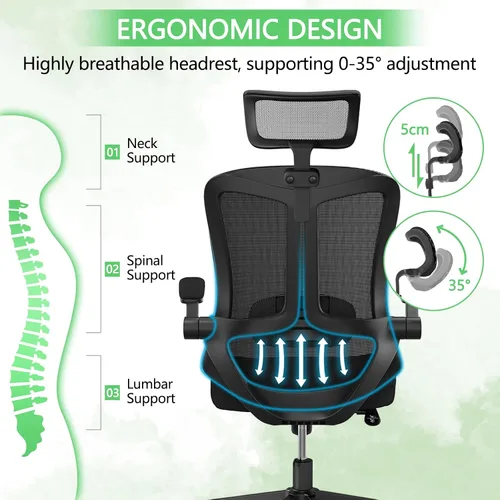 Miniatura 5 de Silla de oficina de malla, ergonómica con soporte lumbar, color negro, estilo moderno, respaldo de malla, bloqueo de inclinación de 90-135