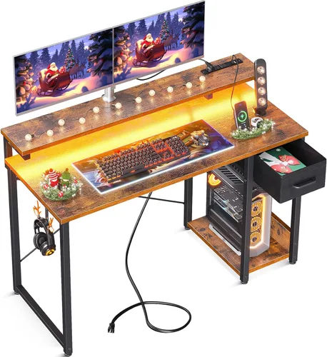 AODK Escritorio para juegos con luces LED y toma de corriente, escritorio para computadora de 48 pulgadas con cajones, escritorio pequeño reversible