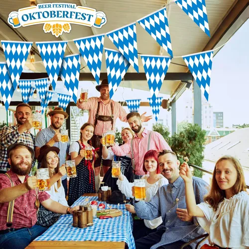 Miniatura 4 de Bandera de cuadros bávaros de Oktoberfest de 118 pies, banderín bávaro grande para Oktoberfests alemanes para decoración de fiestas temáticas