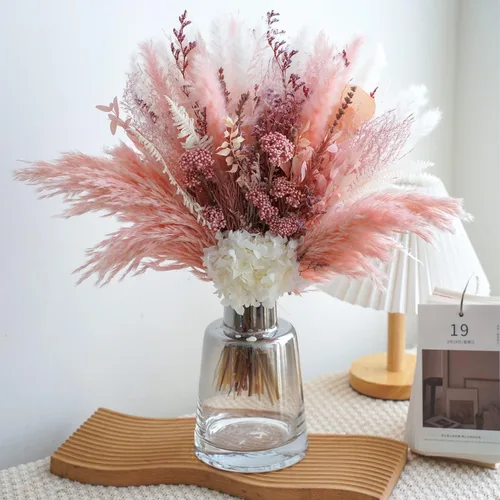 Ramo de hierba de pampa seca natural, arreglos florales champán, ramo de decoración del hogar bohemio, decoración de hierba de pampa esponjosa, Ramo