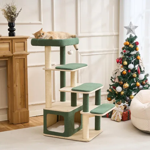 Miniatura 4 de Moderno árbol de madera para gatos grandes – Condominio de madera para gatos de 43.5 pulgadas con postes rascadores de sisal, cojines lavables, gran