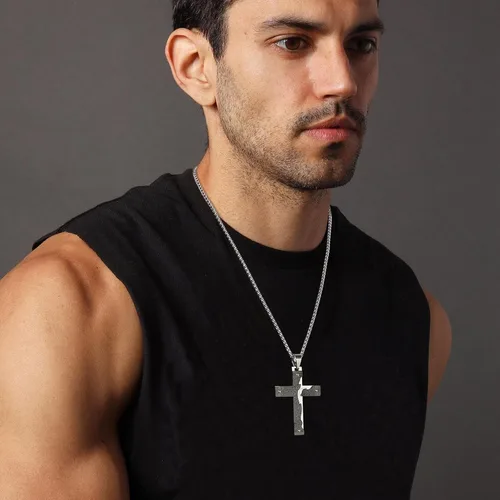 Miniatura 3 de Hzman - Collar con pendiente para rezo de crucifijo de Jesucristo, de acero inoxidable, para hombres
