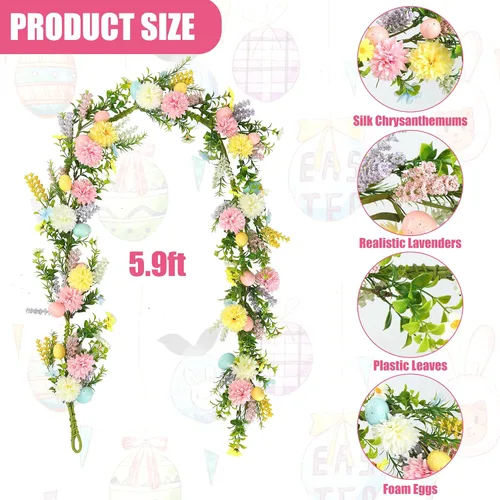 Miniatura 7 de Sggvecsy Guirnalda de huevos de Pascua artificiales de 5.9 pies, crisantemos, huevos de Pascua, bayas coloridas, hojas verdes, guirnaldas rústicas