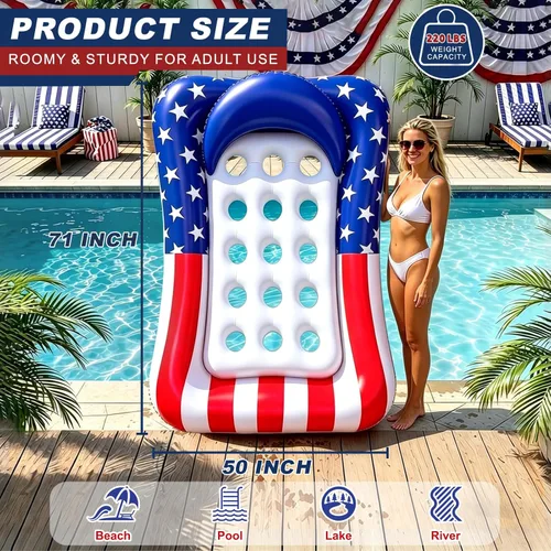 Miniatura 2 de Flotador inflable de gran tamaño con bandera de Estados Unidos para adultos, 71 x 50 pulgadas, flotadores de piscina extra grandes para tumbona