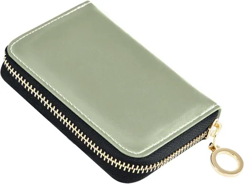 Small RFID Credit Card Holder Wallet with Zipper, Leather Wallet Case for Women Light Green Background