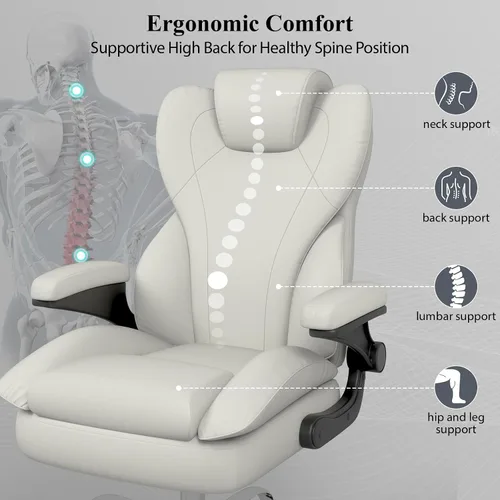 Miniatura 5 de Silla de escritorio de oficina, silla de oficina ejecutiva de cuero, silla de escritorio ergonómica de respaldo alto con brazos abatibles Blanco