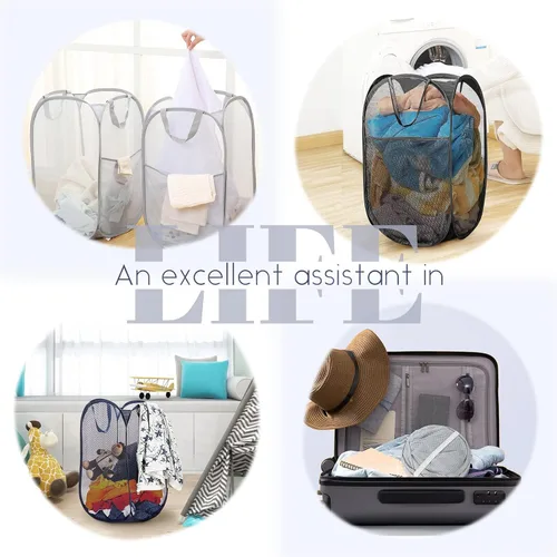 Miniatura 8 de Cestos de lavandería desplegables, cesta desplegable de malla, cesta plegable y ligera para lavar ropa duradera para dormitorio, hogar, viajes, Negro