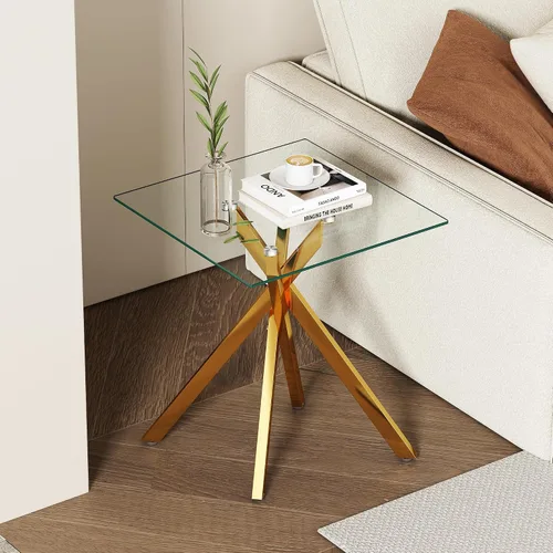 Miniatura 11 de Mesa auxiliar moderna de cristal, mesa auxiliar cuadrada para sofá, mesa auxiliar con parte superior de vidrio templado transparente y patas plateado