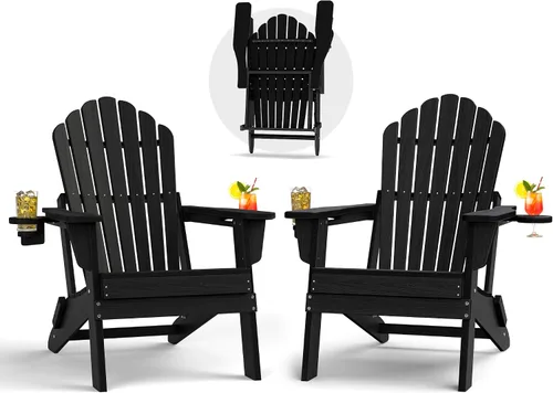 Plawdlik Juego de 2 sillas plegables Adirondack de HDPE, sillas de patio al aire libre resistentes con soportes dobles para tazas, silla para Negro