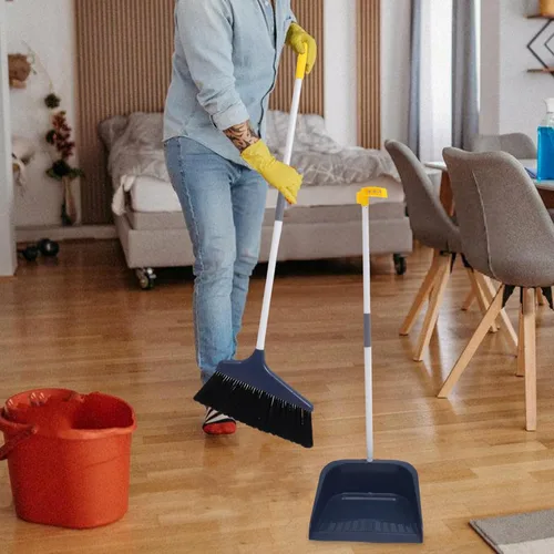 Miniatura 4 de Lurrose Juego de escoba y recogedor con recogedor, escoba mejorada, escoba de mango largo, escoba de pie para limpieza del piso del hogar, cocina