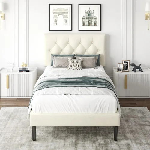 Miniatura 14 de CXVX Marco de cama de tamaño matrimonial con estructura de plataforma y cabecera tapizada, diseño con botones, listones de madera resistentes,
