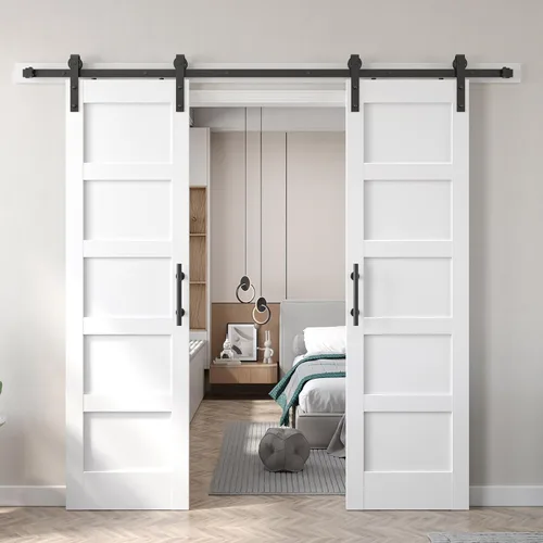 Miniatura 14 de Fredbeck Puerta de granero blanca de 30 x 84 pulgadas con kit de herrajes para puerta corredera de 5.5 pies incluido y asa, sólida, MDF, superficie