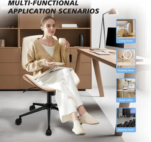Miniatura 7 de Silla de escritorio sin brazos con ruedas giratorias de 360°, silla de computadora ergonómica de altura ajustable para oficina en casa, piel Beige