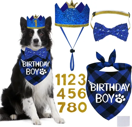 Miniatura 9 de STMK Suministros para fiesta de cumpleaños para perros, sombrero de cumpleaños de perro de varios tamaños con números, bandana pajarita para perros