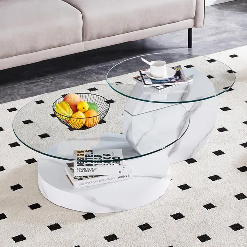 Miniatura 15 de Mesa de centro de vidrio de 35.4 pulgadas, mesa de centro redonda pequeña, mesa de vidrio templado de 2 niveles con base de madera, mesa central