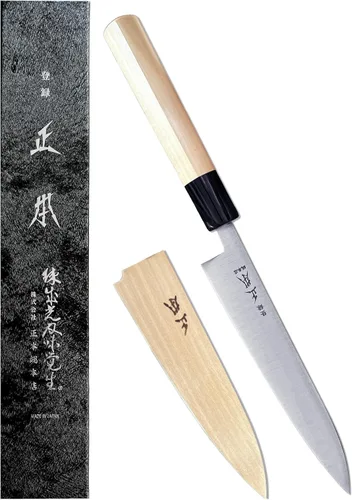 MASAMOTO KS - Cuchillo japonés con funda de 6.5 pulgadas (6.496 in) fabricado en Japón, cuchillo profesional de cocina para frutas y verduras, hoja