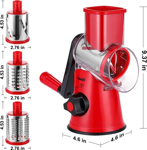 Miniatura 9 de Geedel Rallador giratorio de queso, cortador de verduras de mandolina de cocina con 3 cuchillas intercambiables, rallador fácil de limpiar para Rojo