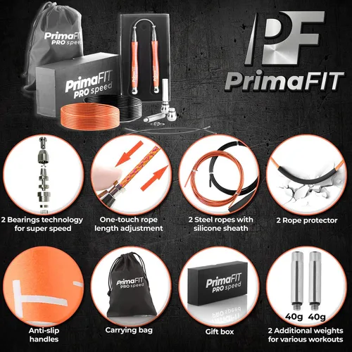 Miniatura 2 de PrimaFIT Jump Rope Pro Speed Skipping Rope Adjustable Adult Jumping Rope Weighted Aluminium Handles for Double Dutch Boxing Workout Crossfit Naranja