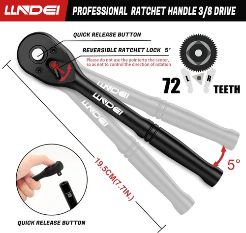 Miniatura 5 de LLNDEI Juego de llaves de impacto de 3/8", SAE estándar (5/16 a 3/4-pulgada) Tamaño métrico (8-22mm), 95 piezas, kit profundo y poco profundo