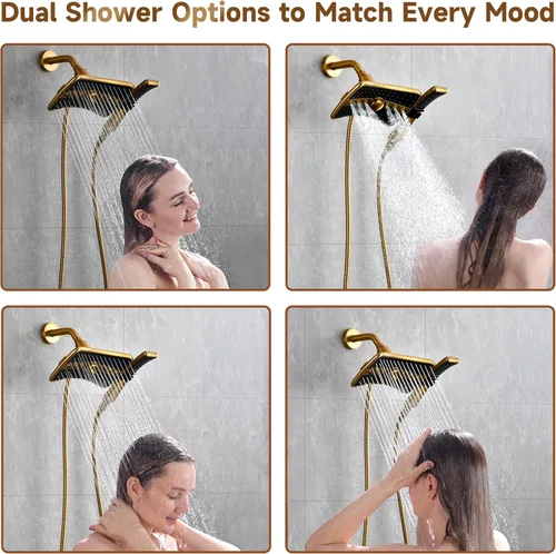 Miniatura 4 de BRIGHT SHOWERS Cabezal de ducha doble con mano, cabezal de ducha de lluvia de alta presión, manguera de acero inoxidable de 60 pulgadas, oro Oro