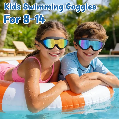 Miniatura 7 de Gafas de natación anti niebla UV para niños de 6 a 14 años, paquete de 2 gafas de natación para niños con tapones para los oídos adjuntos Dorado-azul