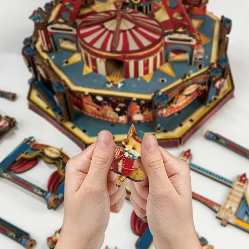 Miniatura 6 de Rompecabezas de madera 3D de bricolaje con rueda de ferrita, kit de casa de muñecas de bricolaje, modelo de construcción de circo