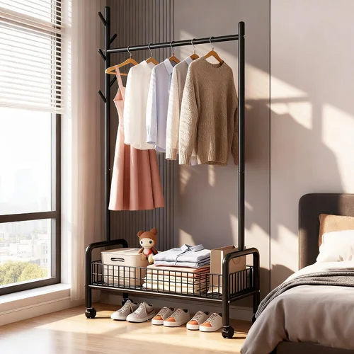 Miniatura 3 de Perchero con estantes de almacenamiento, perchero resistente con ruedas para dormitorio, sala de estar, organización de lavandería