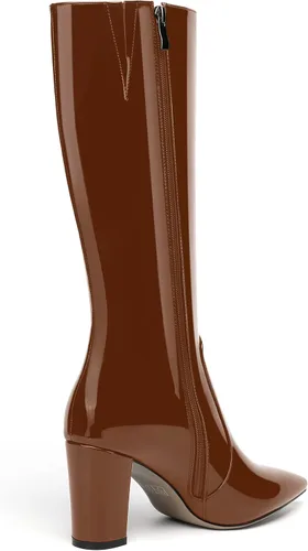 Miniatura 201 de AMBELIGHT Botas altas hasta la rodilla con cremallera y puntera puntiaguda para mujer, de patente sólida, tacón alto, 3.3 pulgadas