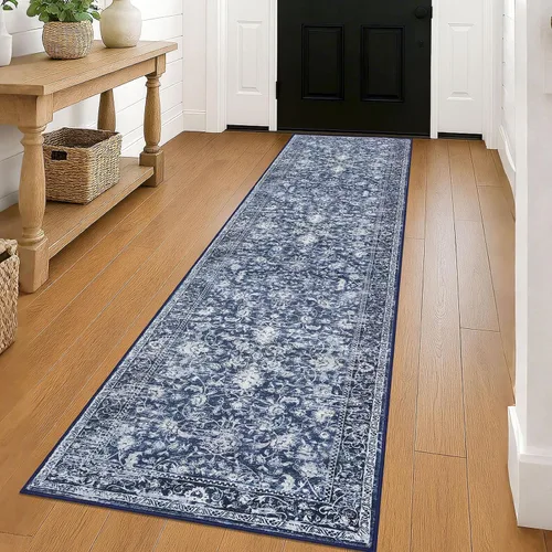 Miniatura 86 de KILOCOCO Alfombra lavable de 2 x 3 para entrada, estampado floral vintage, suave, antideslizante, azul, alfombras de cocina, tapete