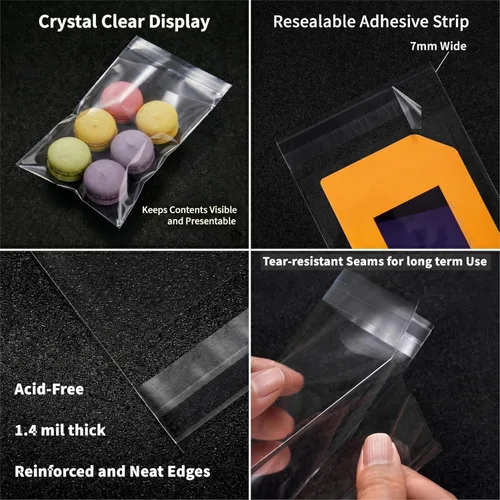 Miniatura 5 de 200 bolsas transparentes de celofán para panadería autosellables de 3x5-1.4 mils de grosor, bolsas pequeñas de plástico adhesivo OPP para galletas