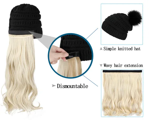 Miniatura 4 de Qlenkay Gorro con extensiones de cabello largo ondulado y rizado, gorra de punto negro adjunta de 20 pulgadas, peluca sintética desmontable, pompón