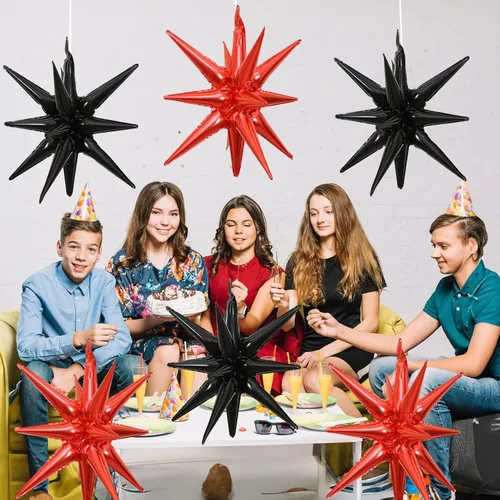 Miniatura 5 de HILAVO 6 unidades de Globos de Estrella Negros y Rojos, 22 Pulgadas, Globos de Aluminio Grandes en Forma de Estrella, Globos de Cono en Punta